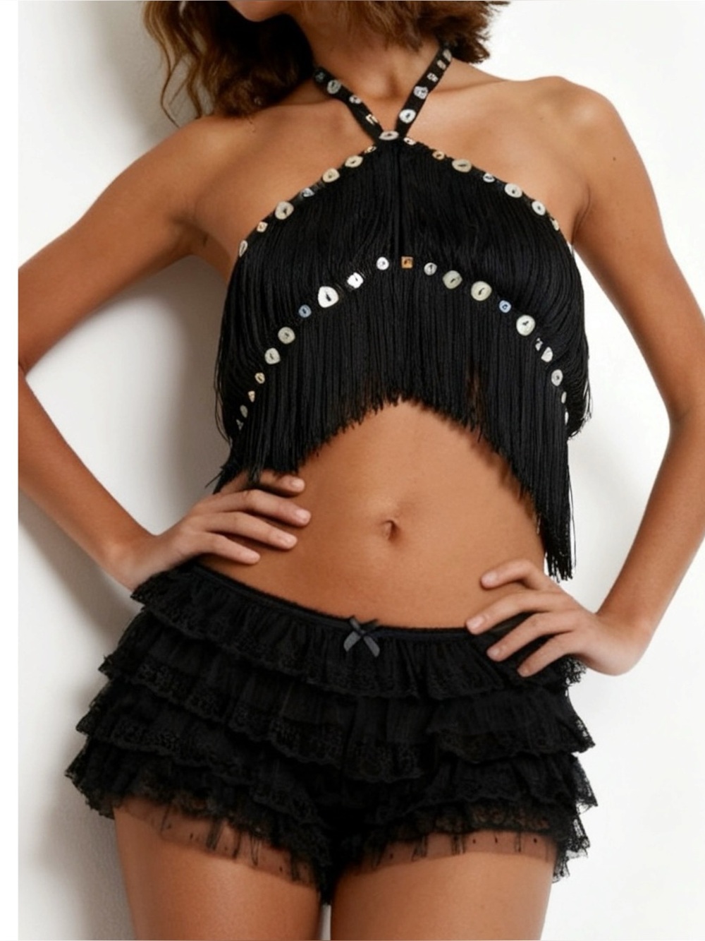 JADED LONDON Asha Fringed Button Crossover Top, Black, XS